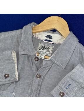 Roots Canada Button Up Shirts Men Size XL Gray Dual Pockets Causal Cottage Retro